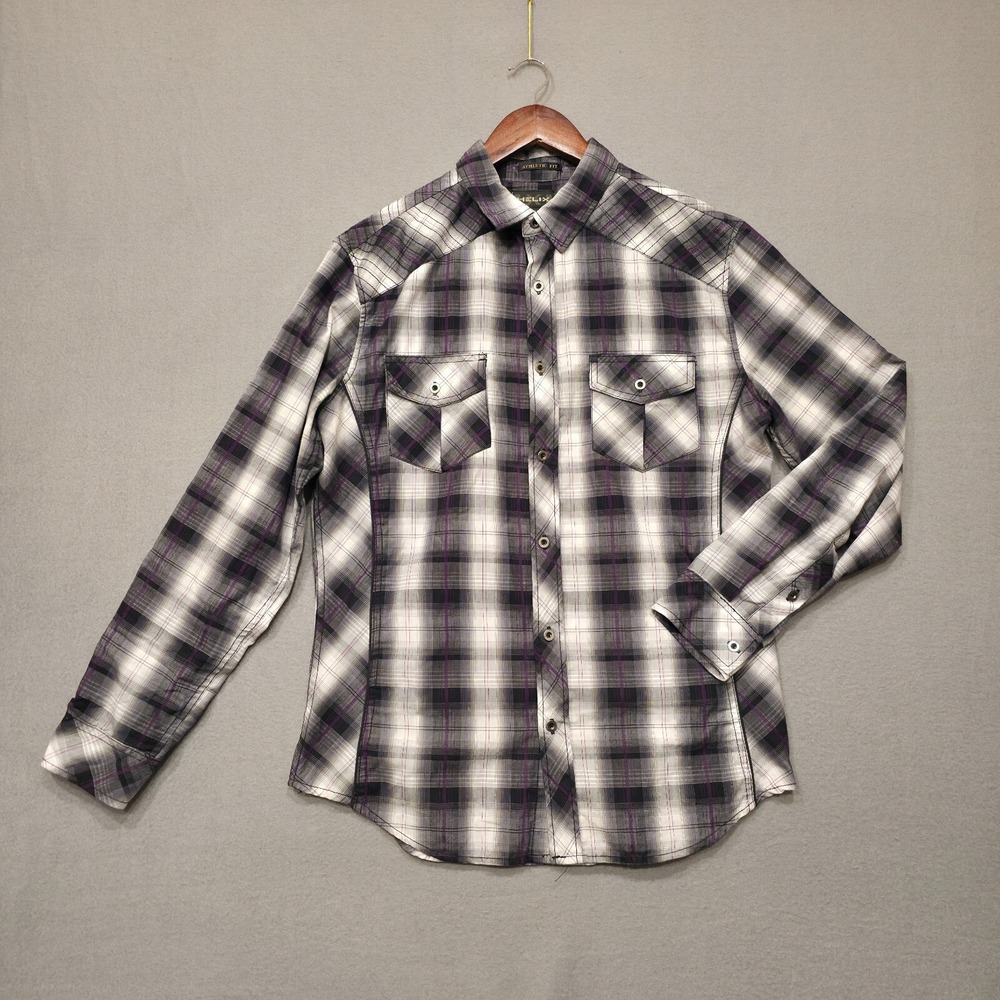 Helix Men's Athletic Fit Black Plaid Long Sleeve Button Up Shirt Size Medium‎
